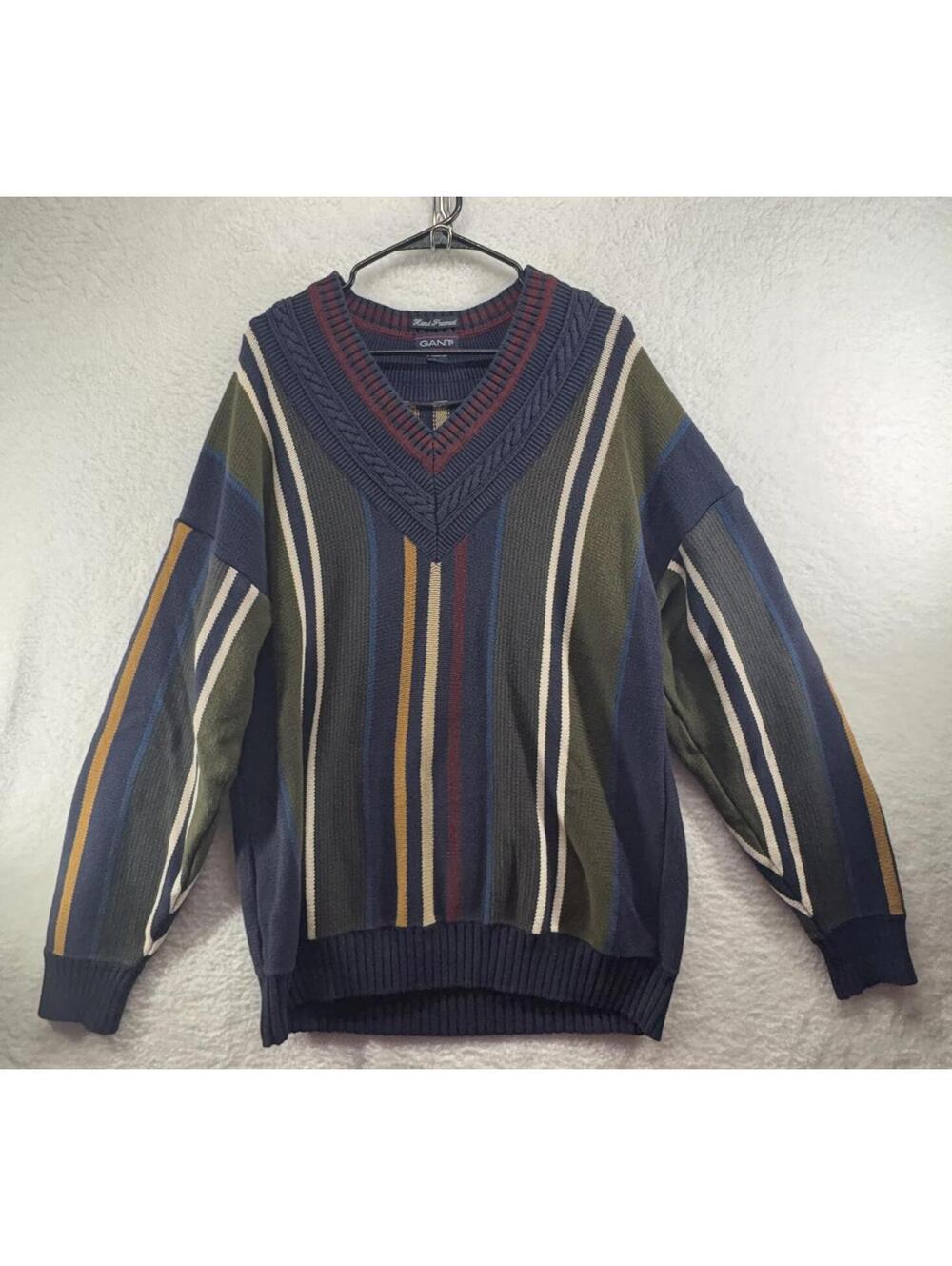 Vintage Cricket Cable Knit Sweater Mens XL Hand Framed Stripe 90s Preppy V Neck